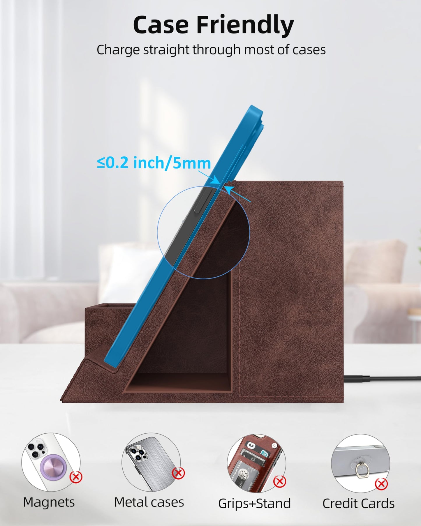 Investme Wireless Charger with Desk Organizer, Pen Pencil Holder, Multifunctional Desktop Organizer, Office Supplies and Desk Accessories Organizer with 3 Compartments and 1 Phone Stand, Dark Brown