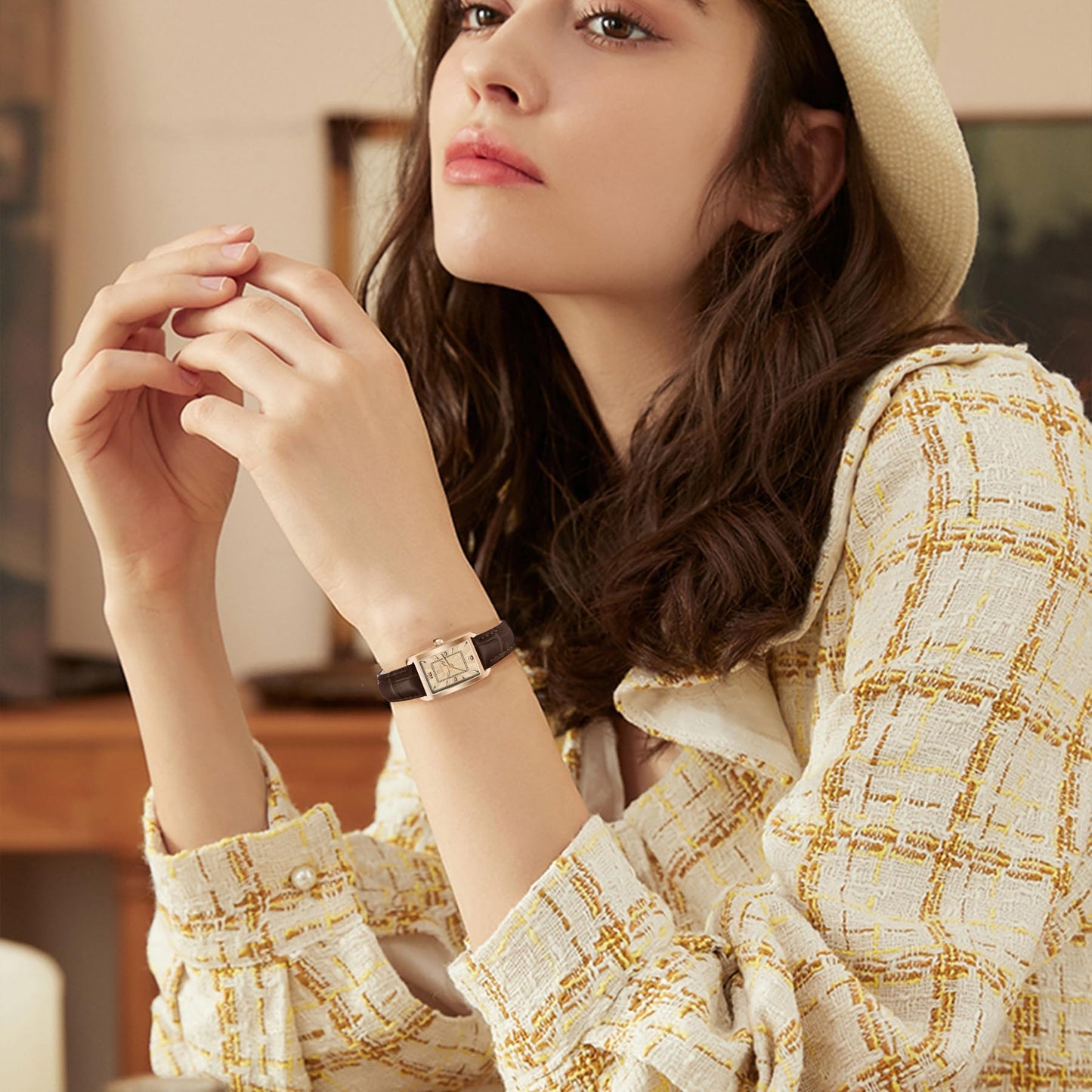 Timever Women's Leather Strap Watch Dainty Elegant Womens Watches Classic Vintage Retro Square Ladies Quartz Watches Gifts Present for Her