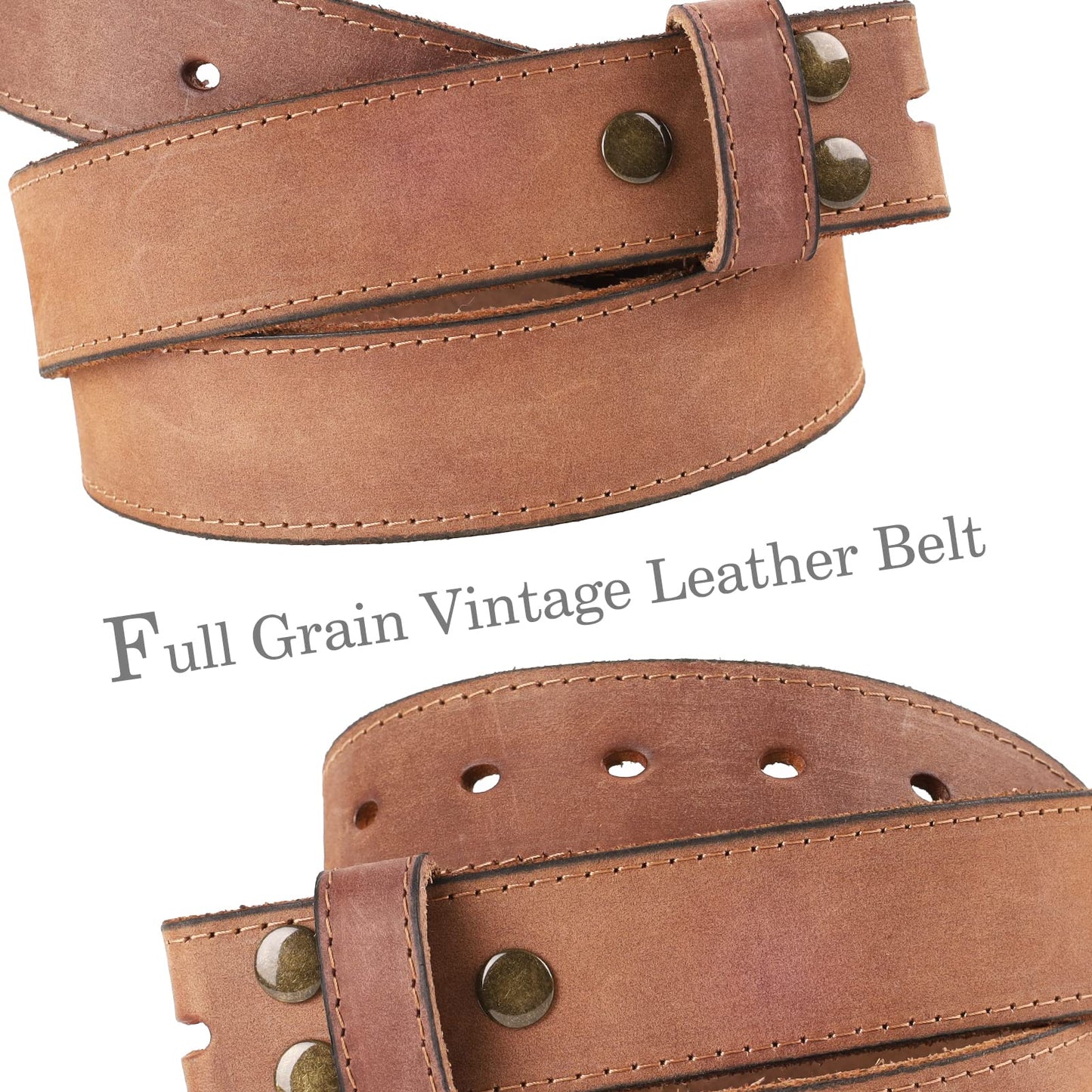 NPET Mens Leather Belt Full Grain Vintage Style, Stitches Leather Belt for Men, Snap on Strap 1 1/2" Wide