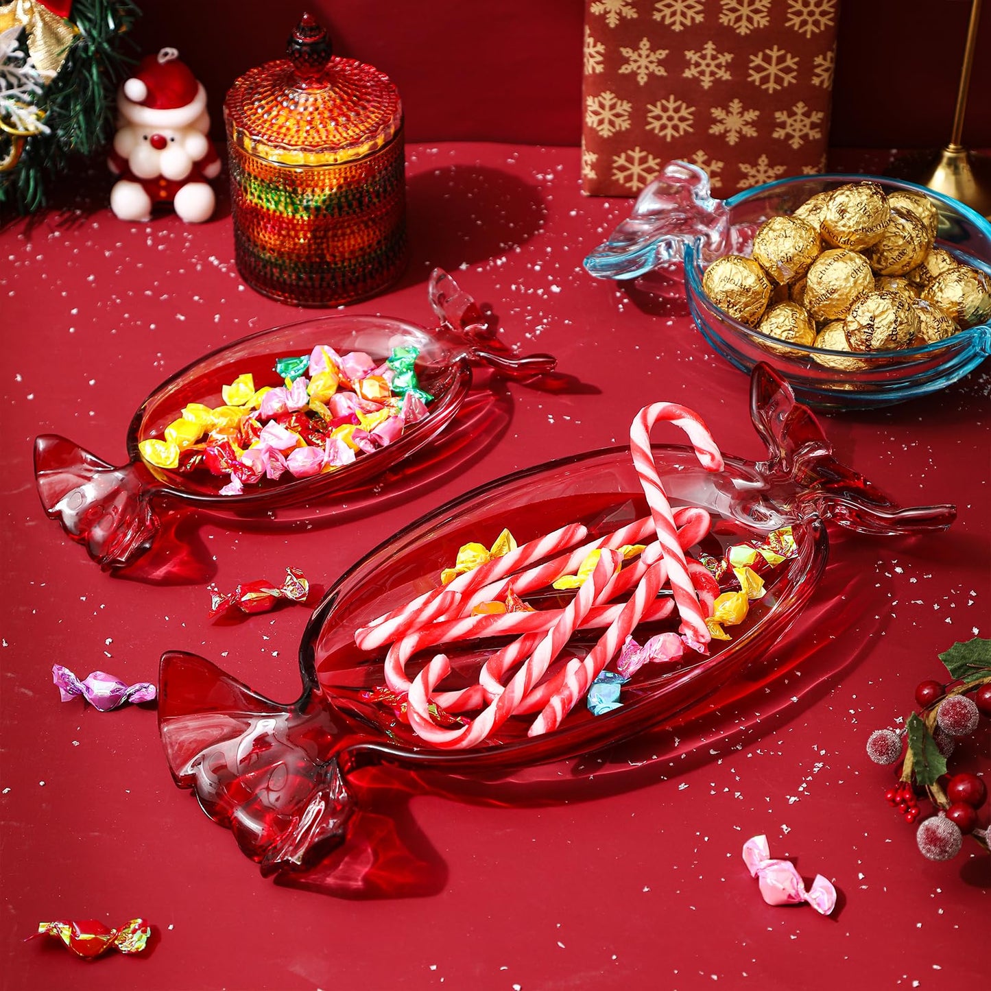 USmagically Christmas Candy Glass Plate, Christmas Theme Serving Tray for Holiday Desserts, Cookies & Candy Display, Festive Party Bowl, Green Xmas Decorations Small