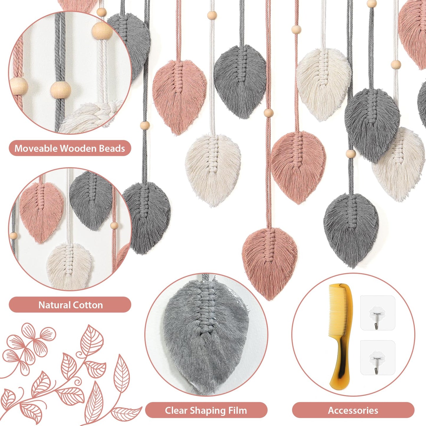 Betylifoy Macrame Wall Hanging Boho Leaves Tapestry Chic Bohemian Feather Wall Art Decor Handmade Yarn Woven Pink Leaf Tapestry Macrame Wall Decor for Bedroom Living Room Nursery Office Backdrop (Pink Gray)