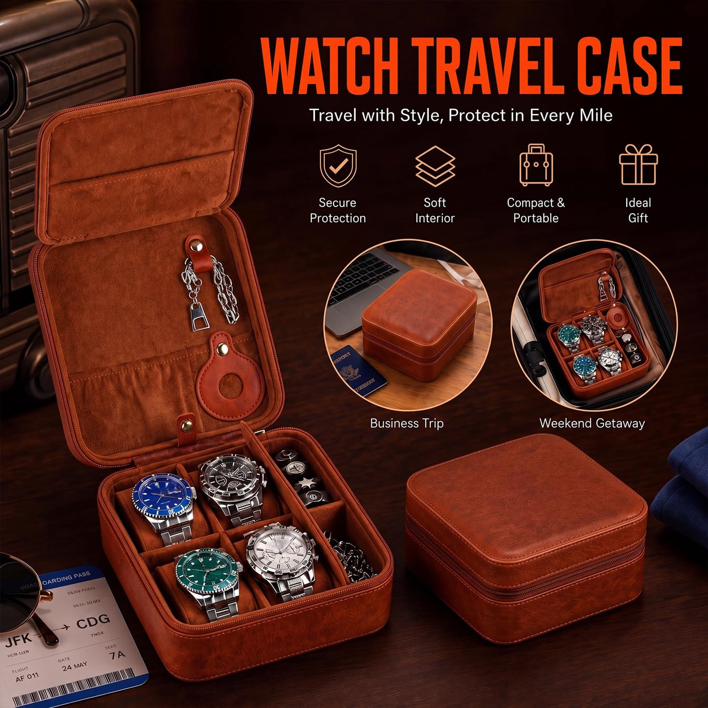 Hinly Travel Watch Case for Men 4 Slots PU Leather Mens Father Jewelry Box with Compartments Zippered Portable Watches Cufflinks Accessories Storage Case Gift(Brown)