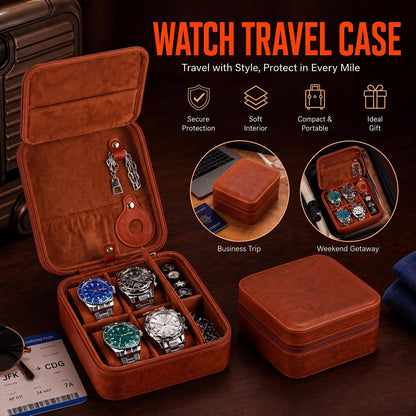 Hinly Travel Watch Case for Men 4 Slots PU Leather Mens Father Jewelry Box with Compartments Zippered Portable Watches Cufflinks Accessories Storage Case Gift(Brown)