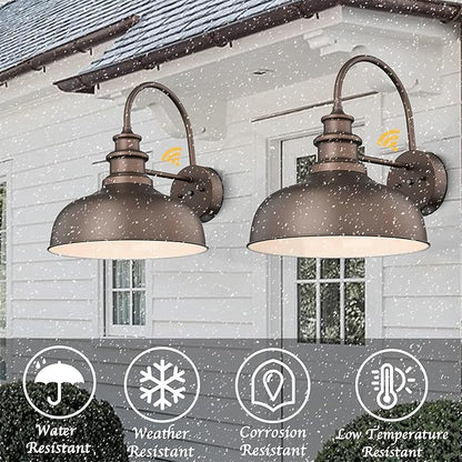 Bestshared 16 Inch Dome Large Dusk to Dawn Sensor Gooseneck Barn Light Anti-Rust Farmhouse Outdoor Wall Sconce Industrial Exterior Wall Lighting Fixture, Outside Lantern G (ORB+White, 16” Dome-1Pack)