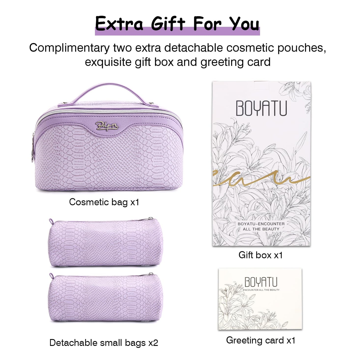 BOYATU Travel Makeup Bags for Women: 3 Pcs Set Wide Open Cosmetic Bag - Portable Make up Bags with Handle - Vegan Leather Toiletry Organizer Bag with Divider (G-01-Purple)