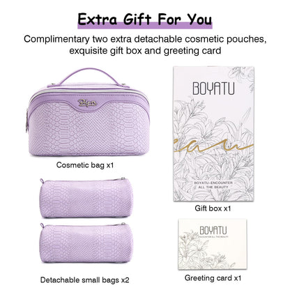 BOYATU Travel Makeup Bags for Women: 3 Pcs Set Wide Open Cosmetic Bag - Portable Make up Bags with Handle - Vegan Leather Toiletry Organizer Bag with Divider (G-01-Purple)
