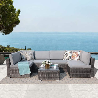 Patiorama 7 Pieces Outdoor Patio Furniture Set, All Weather Grey PE Wicker Rattan Sectional Conversation Set, Porch Garden W/Built-in Glass Table, Seat Clips, Light Grey Cushions