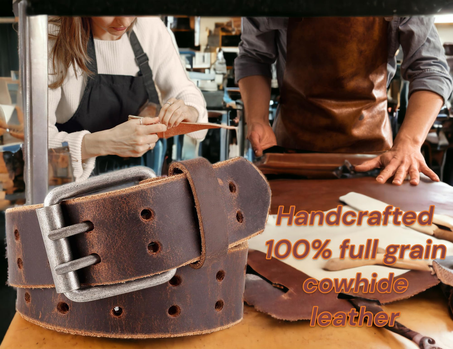 F&L CLASSIC Leather Work Belt, Heavy Duty Double Prong Genuine full grain Leather Belts for Men 1 1/2", Mens Casual Belts for Jeans,3190,size 38,tan