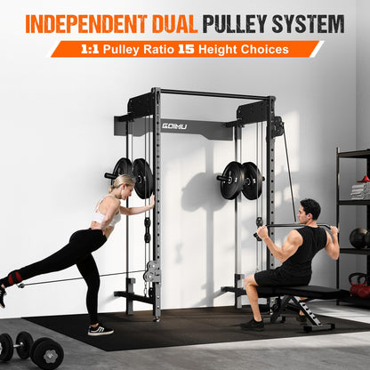 GOIMU WM3-V4 Folding Squat Rack, Wall Mounted Power Rack with Dual Independent Pulley System, Functional Trainer with 5 Adjustable Function Modes for Space Saving (WM3 Folding Cage Black)