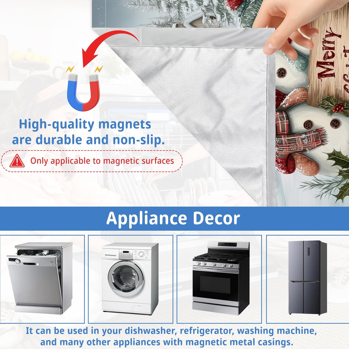 Merry Christmas Magnetic Dishwasher Cover,Washable Reusable Cute Snowmen Refrigerator Appliance Front Panel for Kitchen Decor,23 x 26 Inch