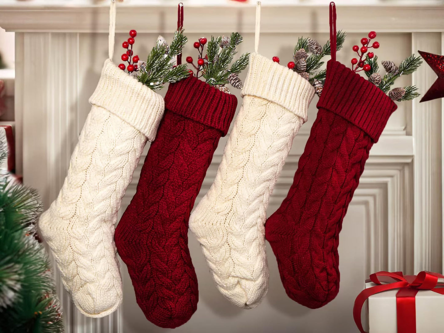 Fesciory 18 Inches Christmas Stockings Bulk, 6 Pack Large Size Cable Knitted Fireplace Hanging Stockings for Family Holiday Xmas Party Decorations, Burgundy&Ivory White&Green