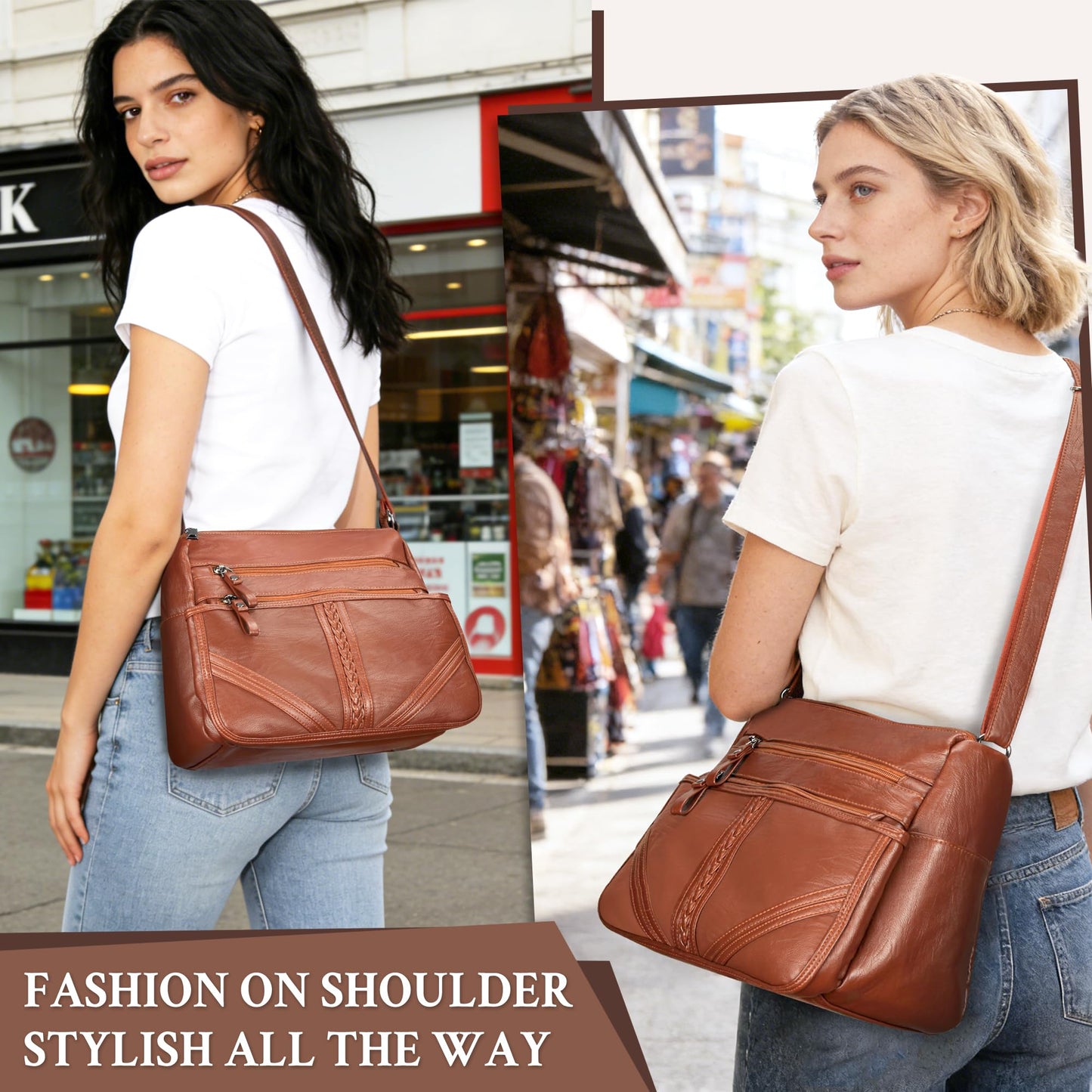 ELDA Crossbody Bags For Women Pocketbooks Soft PU Leather Purses and Handbags Multi Pocket Shoulder Bag (Amber Brown)