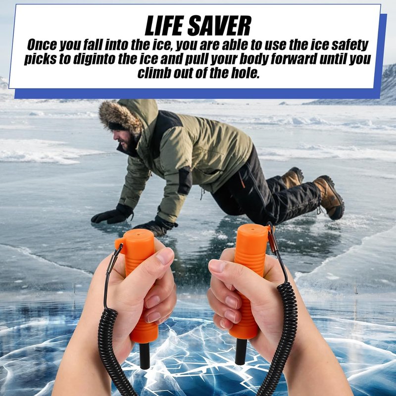 Retractable Ice Awls with Cleats & Whistle - 4 Pcs Winter Fishing Safety Picks | Non-Slip Gripper Spikes
