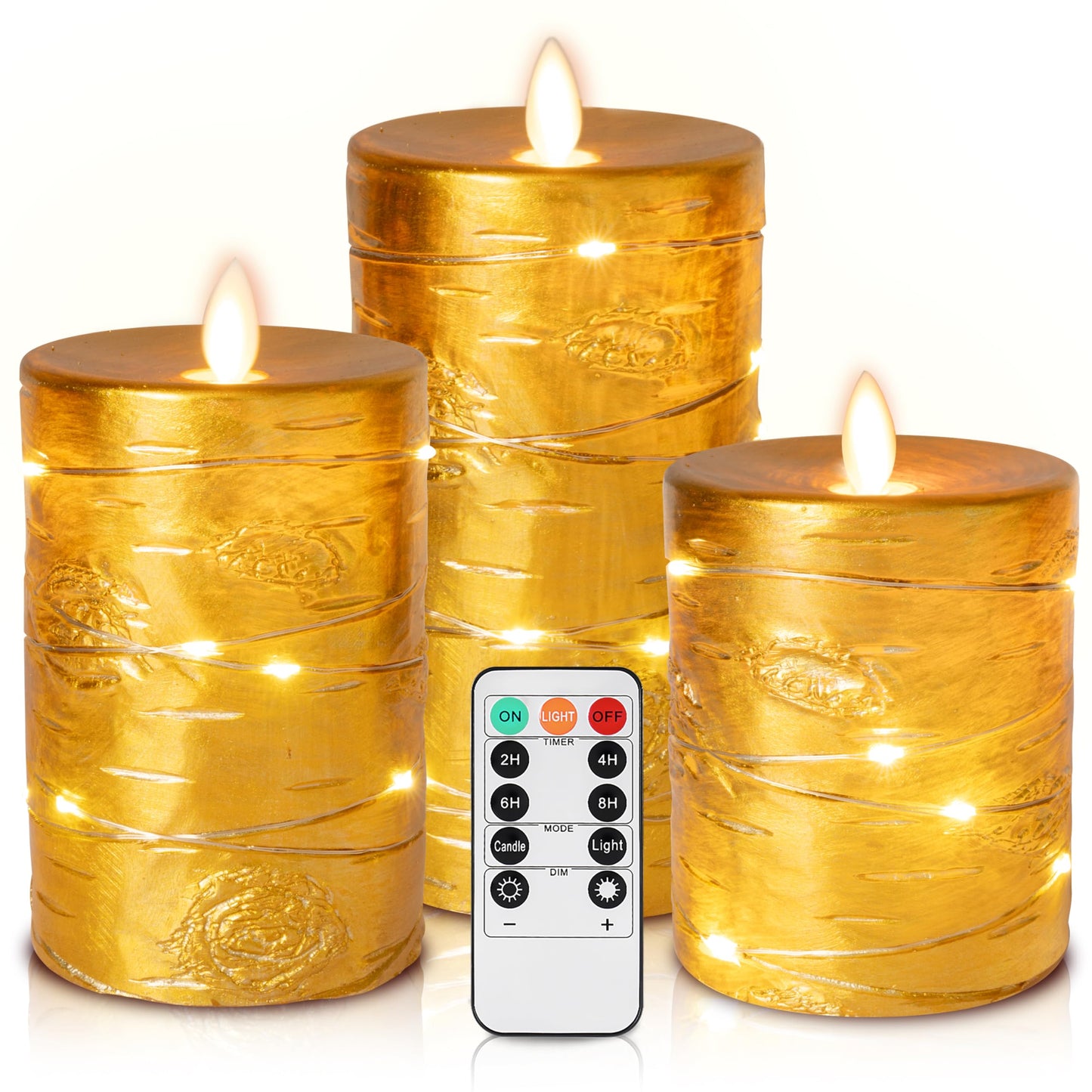 Da by 3 Pack Gold Wax Flameless Taper Candles, Realistic Flickering LED Candles with Surrounding Fairy String Lights, Soft Warm Light Battery Candles with Remote for Indoor Outdoor Decor