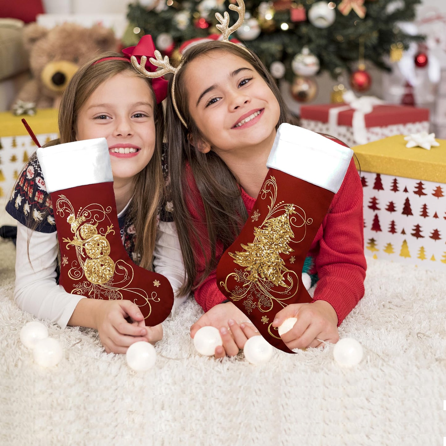 Roycraft Christmas Stockings Set of 6 Velvet Gold 19 inches Red Sequins Christmas Stockings Fireplace Hanging Ornament for Family Decorations Holiday