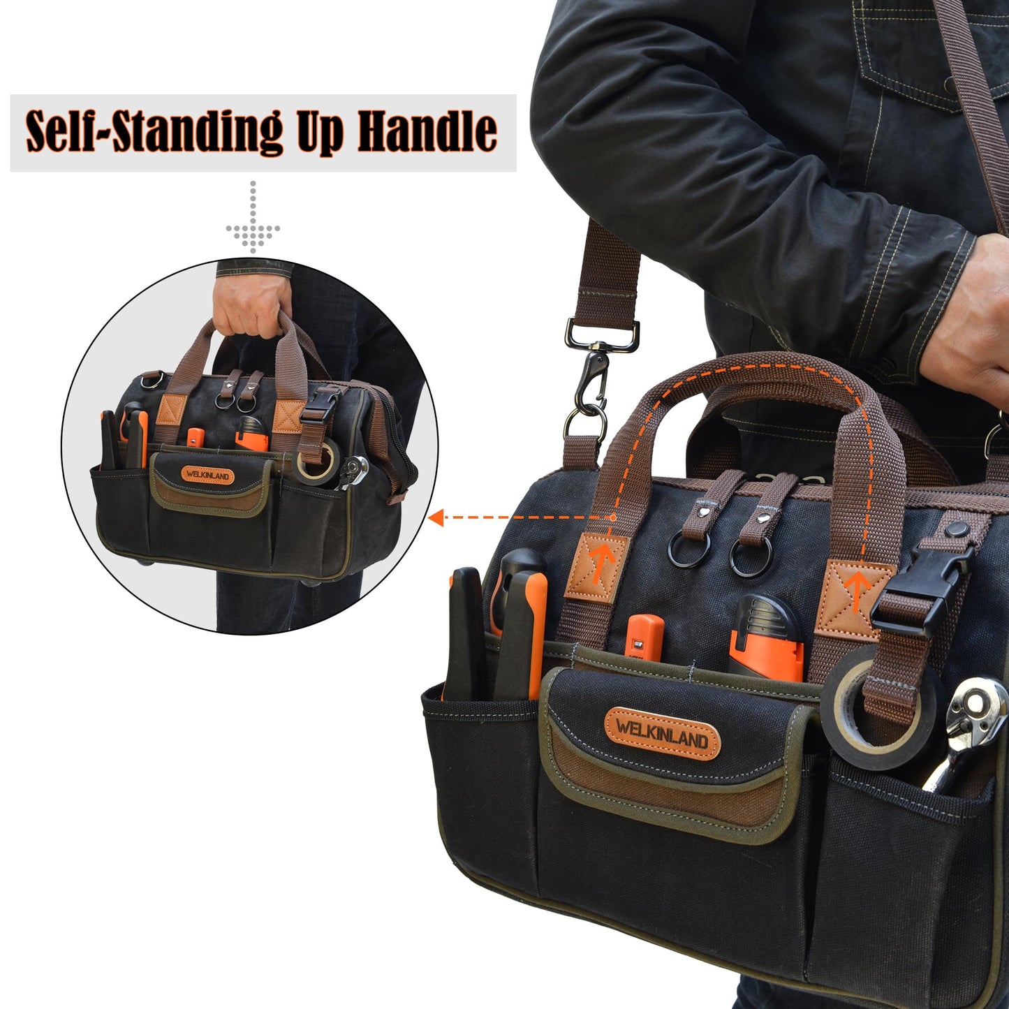 WELKINLAND 30-Pockets Canvas tool bag, 14-Inch Heavy Duty Waxed bags heavy duty, Tool duffel, Lineman Electrician for electricians,Tool men duty Black/Brown/Olive