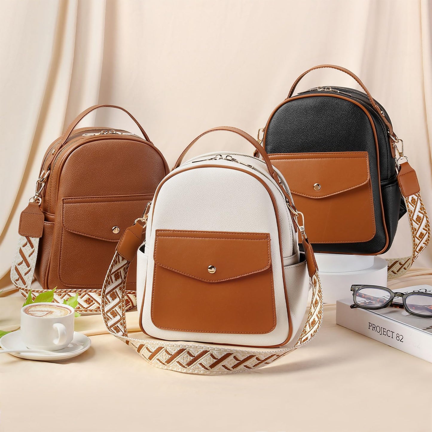 Convgo Small Backpack Purse for Women PU Leather Mini Backpack Travel Convertible Shoulder Bag with 3 Replaceable Shoulder Straps, Brown