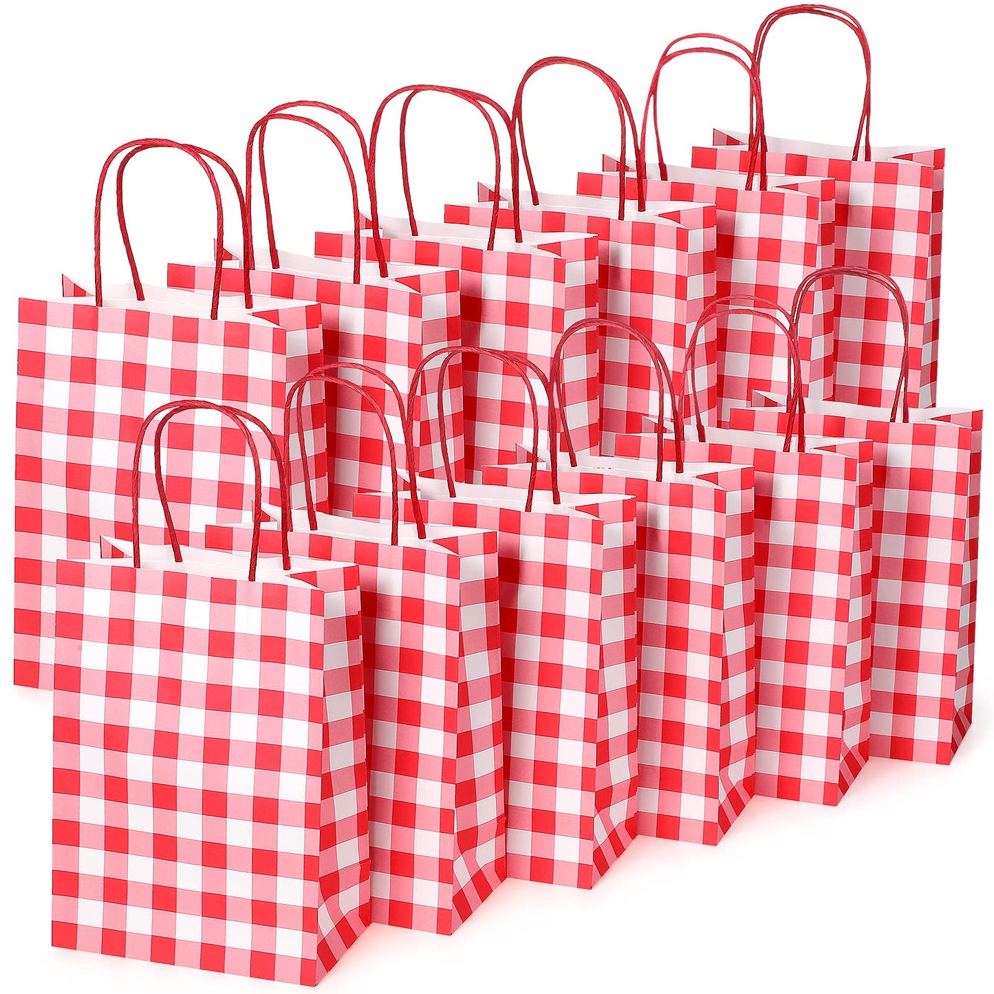 Chinco 30 Pcs Red White Gingham Paper Gift Bags Bulk with Handles, Candy Goodie Plaid Bags for Party Favors Supplies, Christmas, Birthday, Baby Shower, Wedding, Candy, Cookies, Gifts