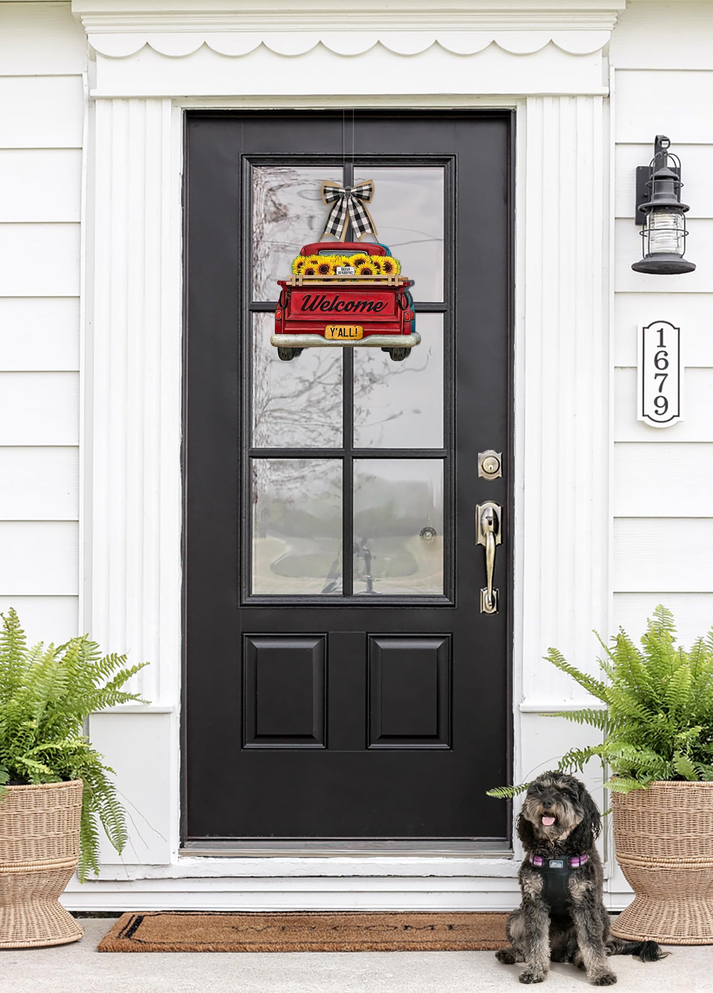 Interchangeable Welcome Sign for Front Door Red Farmhouse Truck Decor Hanging Sign with 11 Interchangeable Seasonal and Holiday Decor Signs 12x14 in. (Country Rustic)