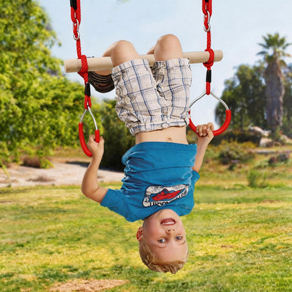 Nets Tribe Trapeze Swing Bar with Gymnastic Rings Warrior Accessories for Obstacle Course Monkey Bars for Indoor Outdoor Garden, Backyard, Playground, Playroom, Red, Wood