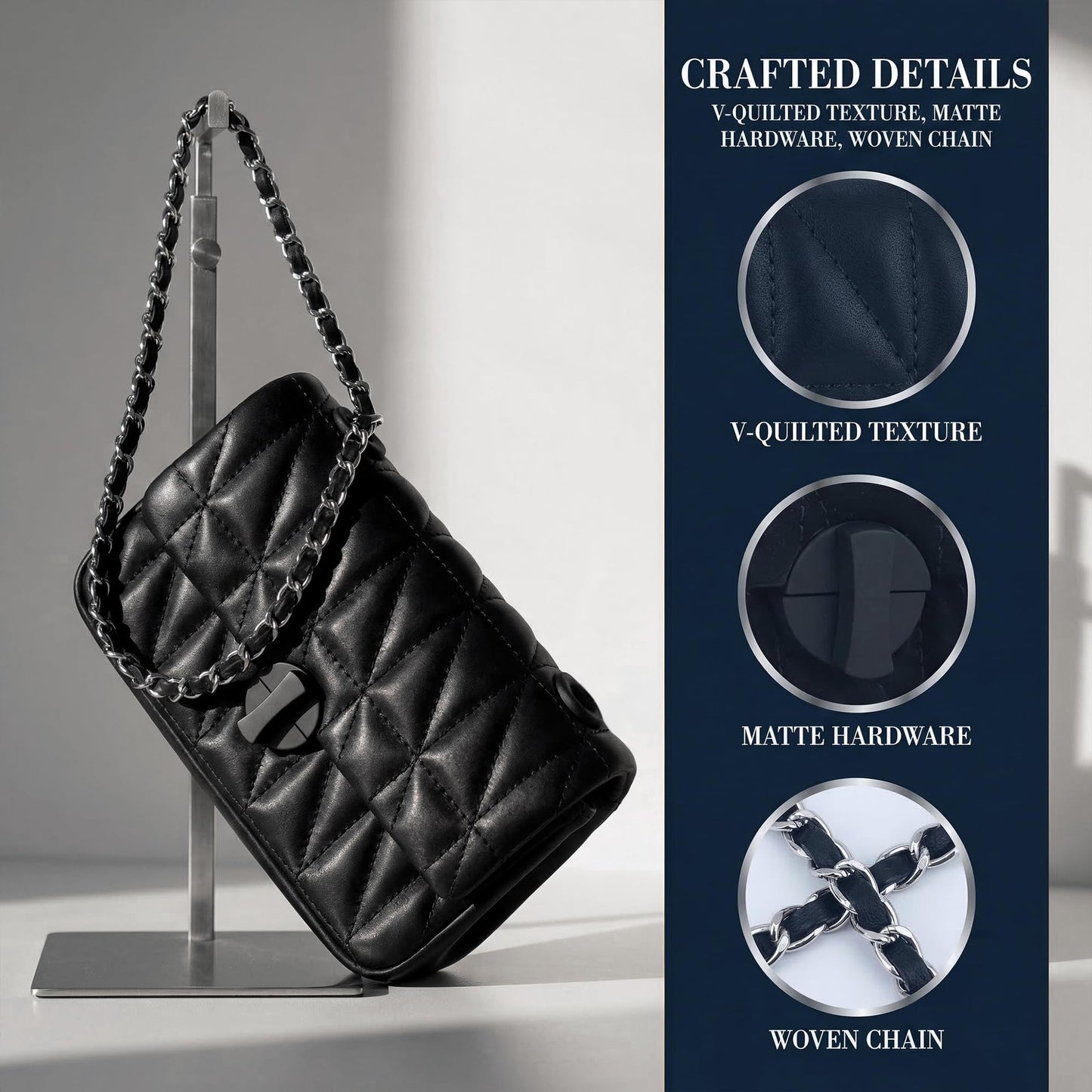 Perphy Quilted Shoulder Bag for Women Medium Flap Crossbody Handbag with Chain Strap 7.5 * 2.8 * 3.9 inches Black