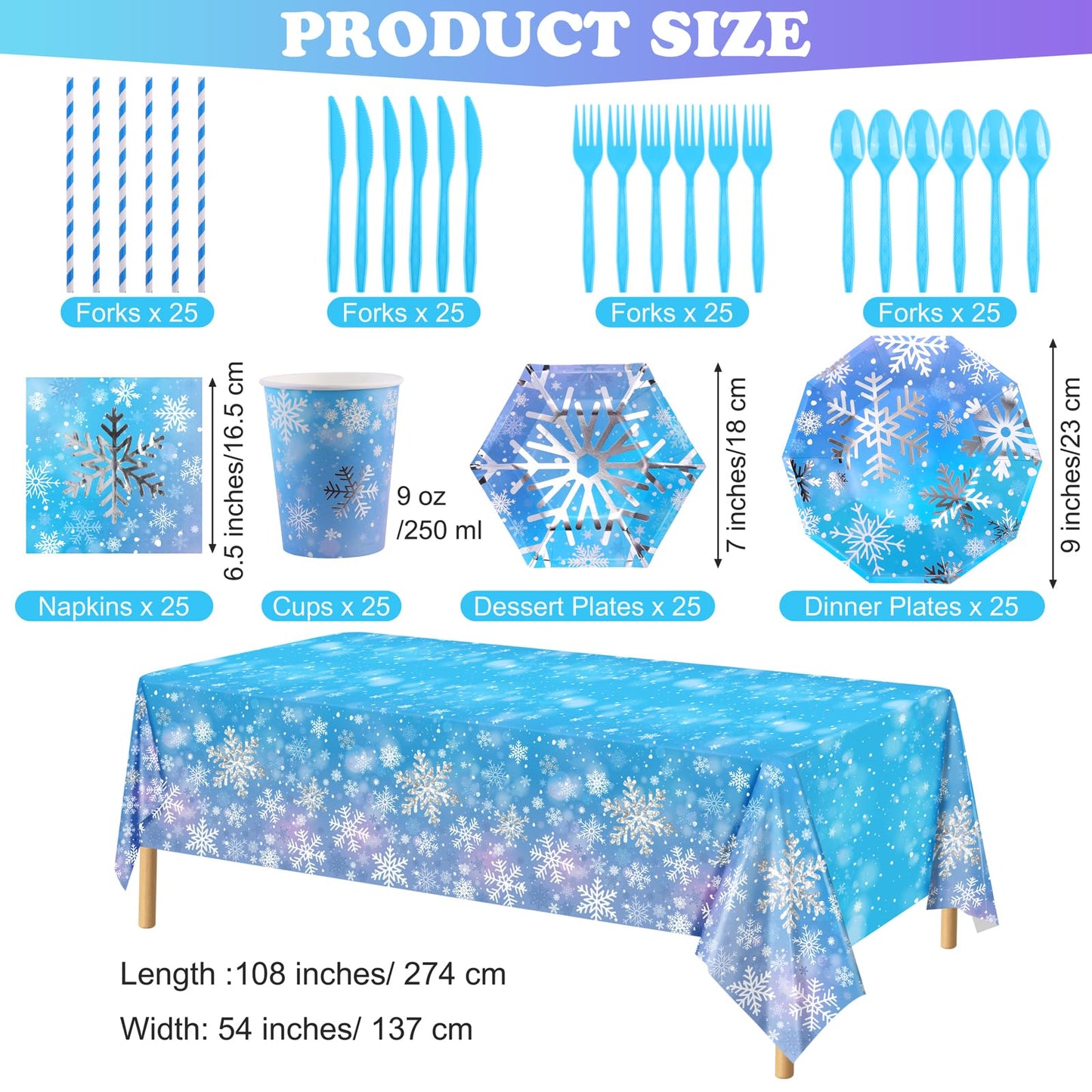 durony 201 Pieces Winter Snowflake Party Tableware Supplies Frozen Birthday Silver Stamping Snowflake Paper Plates Napkins Cups Straws Cutlery Tablecloth for Winter Frozen Party Supplies, Serve for 25