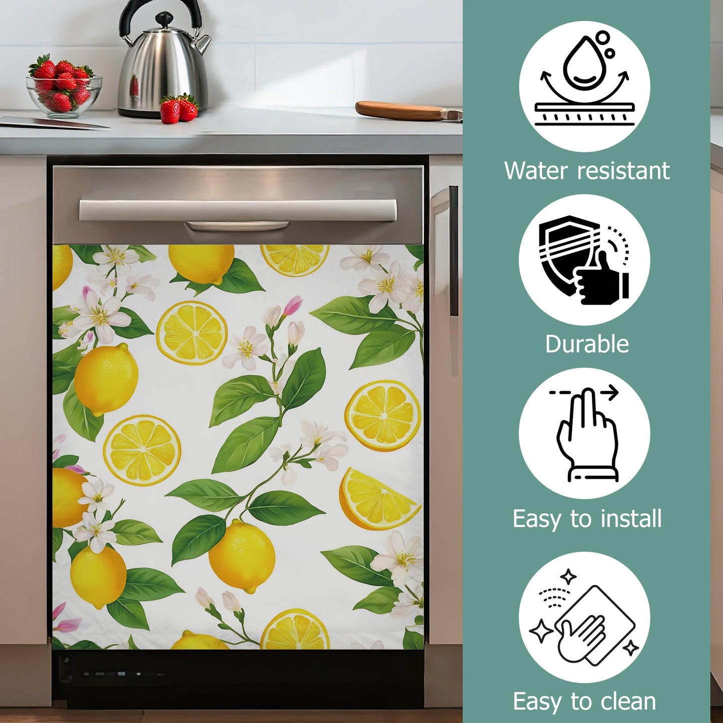 Dishwasher Cover,Lemon Fruit Reusable Dishwasher Magnet Cover,Decorative White Flowers Magnetic Refrigerator Cover Front Panel Cover for Kitchen Decor 23x26 Inch