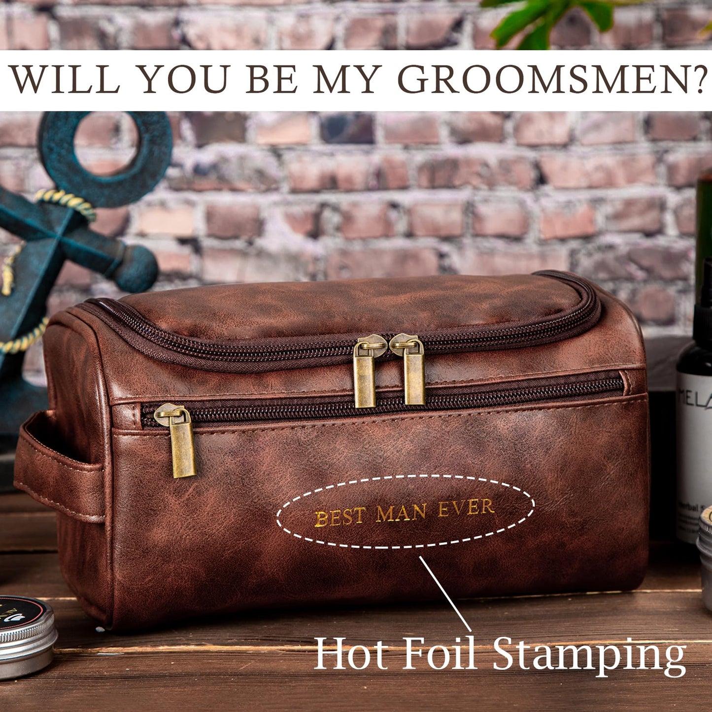 Flycalf Mens Toiletry Travel Bag Groomsmen Father Dad Mens Leather Toiletries Grooming Bag for Men Shaving Bag Hanging Water Resistant Organizer (Brown)