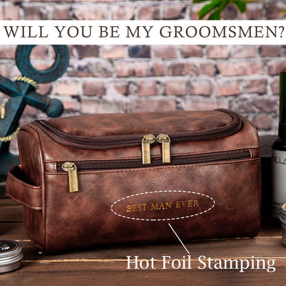 Flycalf Mens Toiletry Travel Bag Groomsmen Father Dad Mens Leather Toiletries Grooming Bag for Men Shaving Bag Hanging Water Resistant Organizer (Brown)