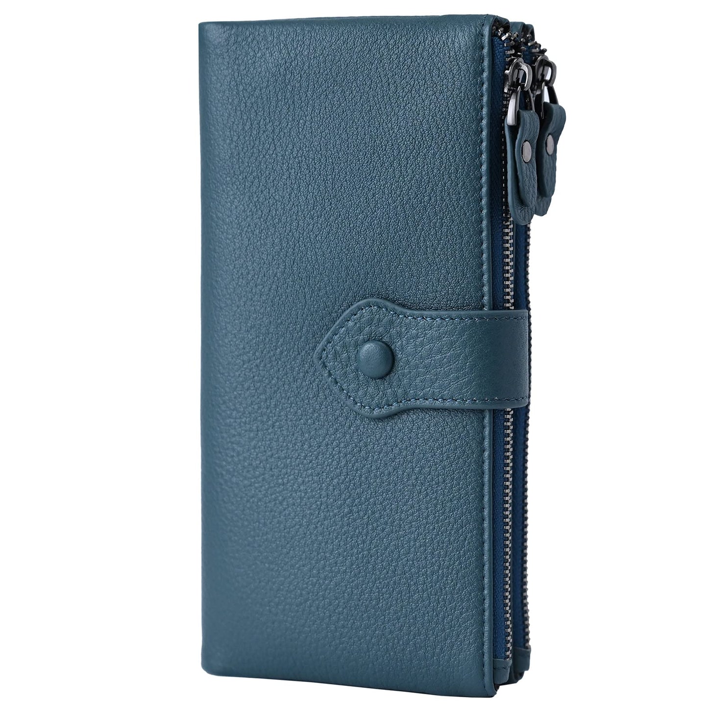 Bveyzi Women Soft Leather RFID Blocking Bifold Slim Wallets Ladies Credit Card Holder Double Zipper Pocket(Blue)