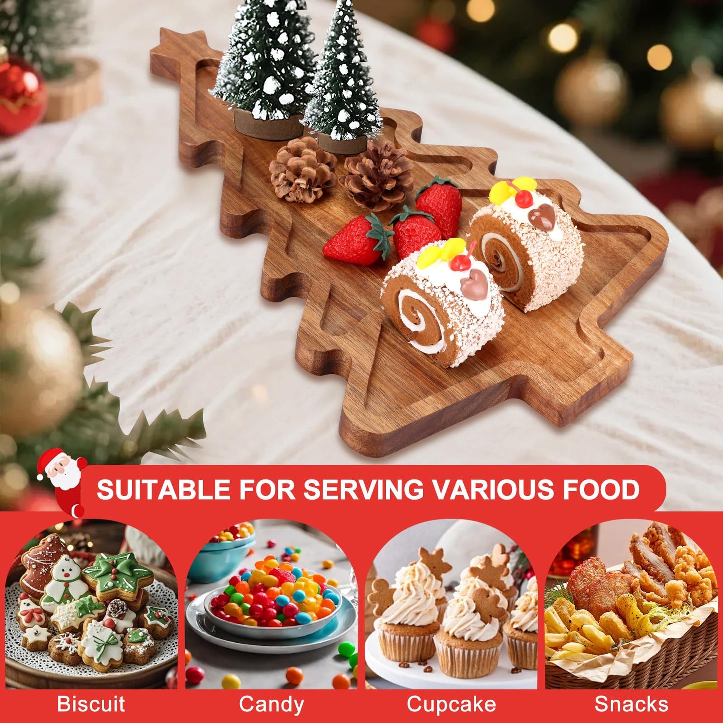 Gtencemen Acacia Wood Christmas Tree Tray - Decorative Serving Platter, Festive Plate, Xmas Dish & Wooden Charcuterie Board for Holiday Gift, Cheese, Fruit, Veggie & Cookie, Food, Snack, 16” x 10”