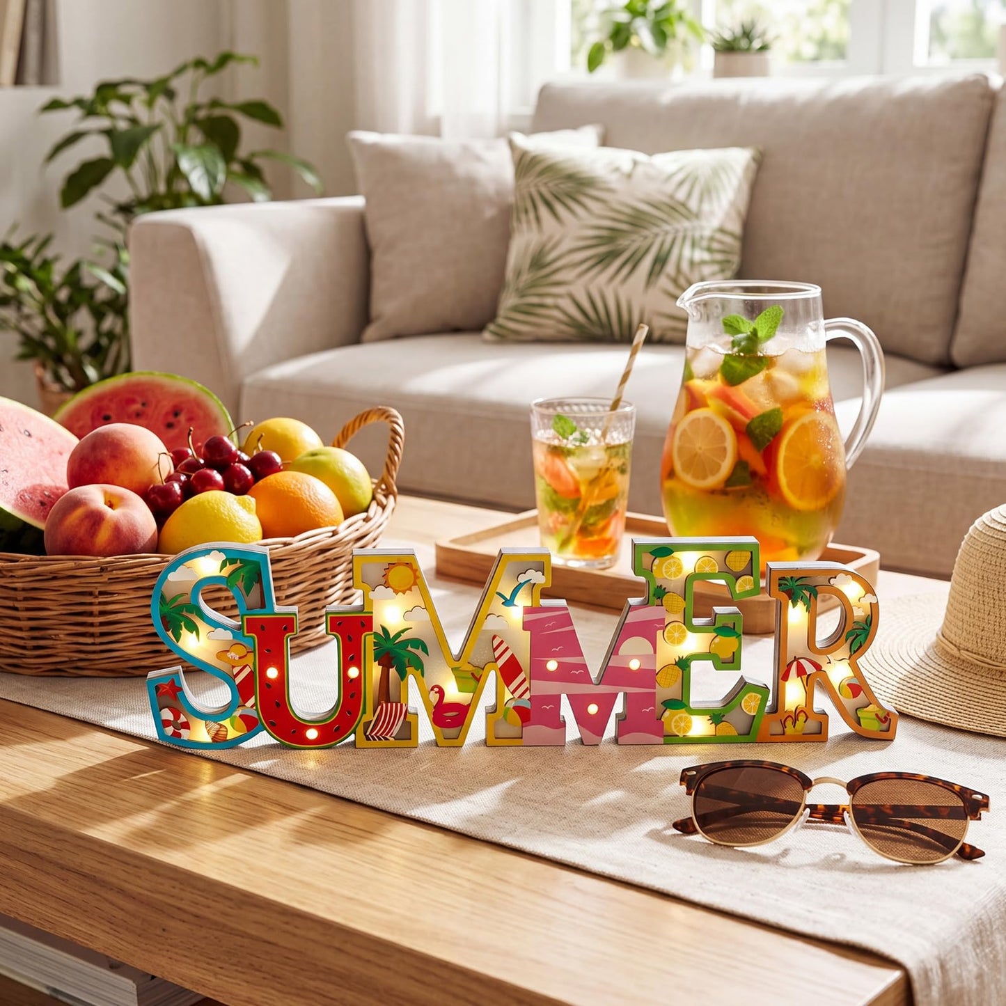Geetery Summer LED Wooden Sign Watermelon Wooden Words Sign Tabletop Centerpiece Decor Beach Decorations for Summer Table Home Indoor Party