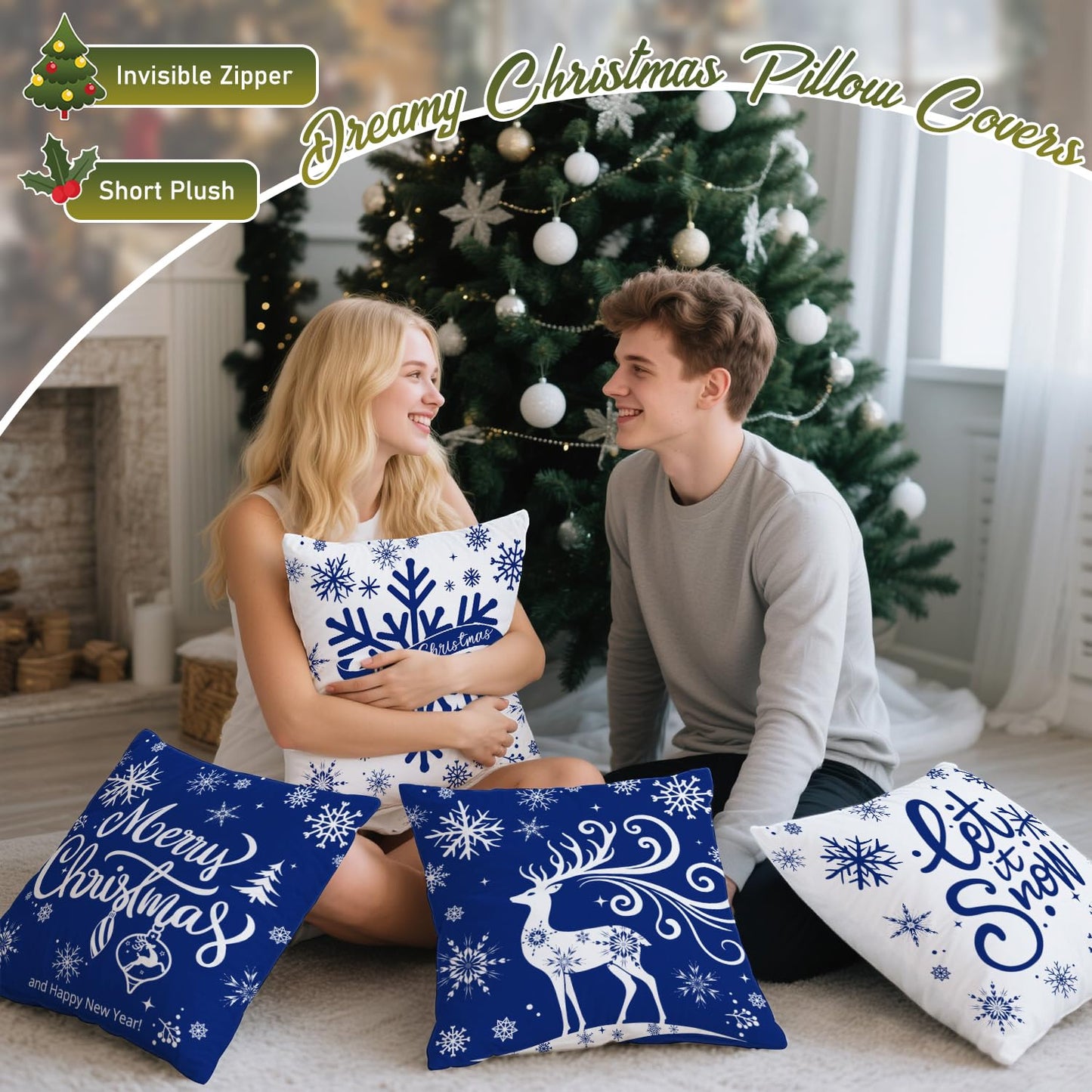 Artmag Merry Christmas Throw Pillow Covers 16x16 inch Snowflakes Let it Snow Moose Winter Holiday Blue Cushion Case for Coach Sofa Decorations Set of 4