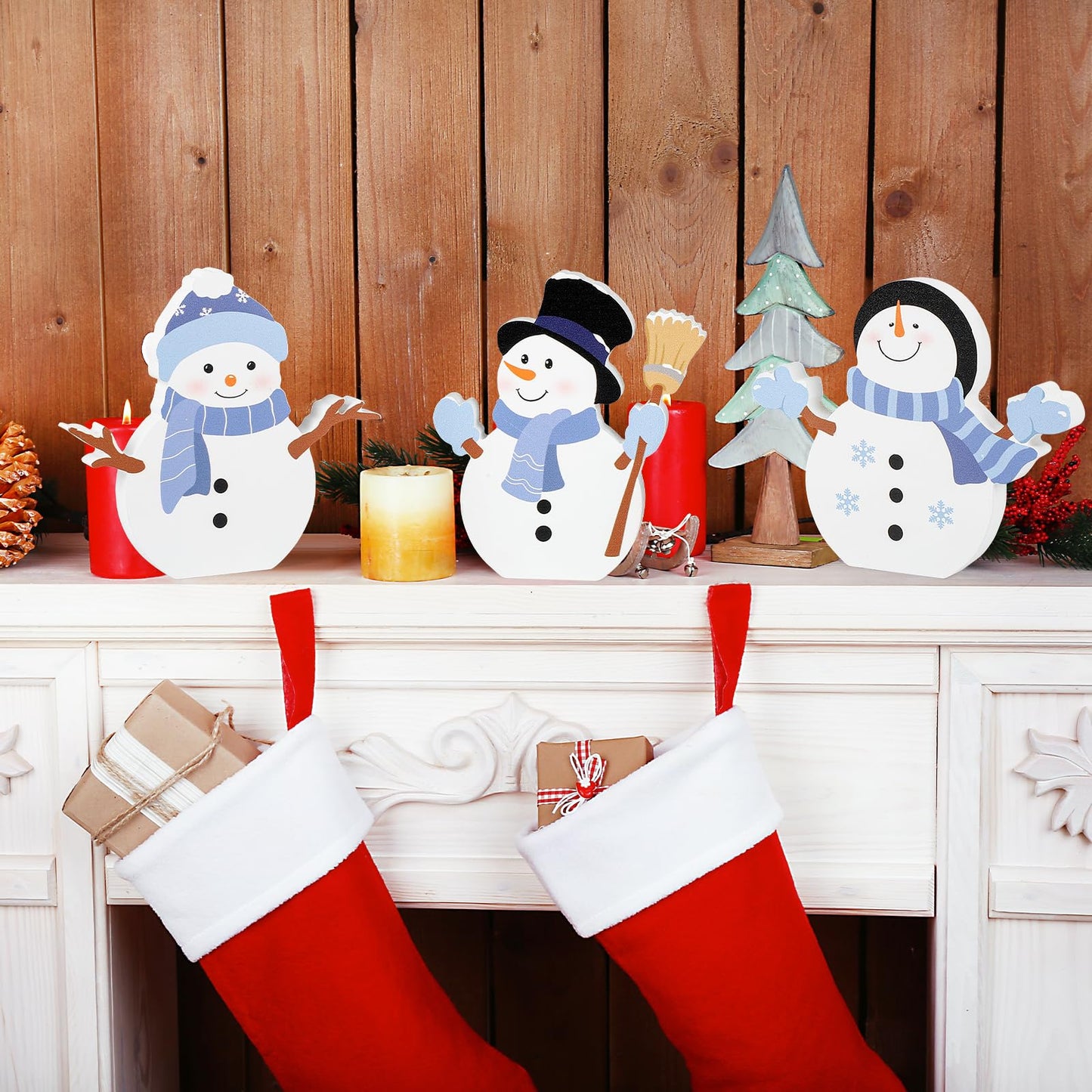 COCHIE Snowman Christmas Decorations Indoor, Cute Winter Tiered Tray Decor Set of 3, Wooden Snowman Blocks Xmas Table Decoration for Party Home Office Shelf Door (Let It Snow)
