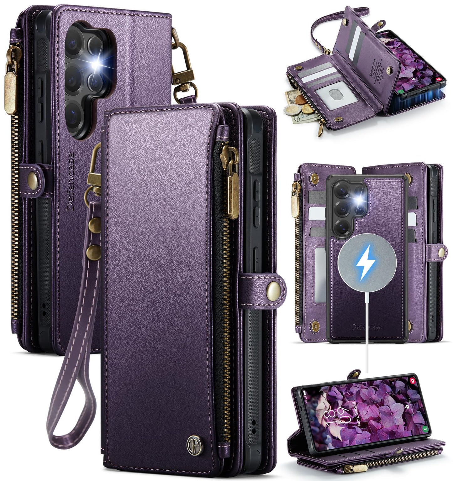 Defencase for Samsung Galaxy S24 Ultra Magnetic Wallet Case Compatible with Magsafe with RFID Blocking Zipper & Card Holder Women, PU Leather Detachable Phone Case for Galaxy S24 Ultra 6.8", Purple