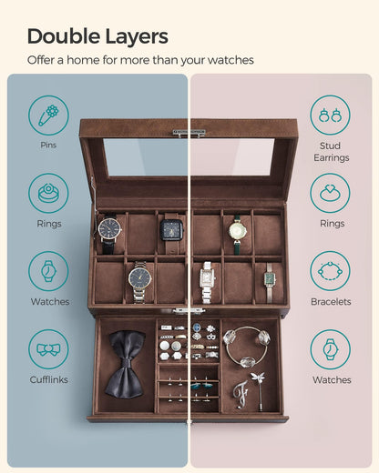 SONGMICS Watch Box, 12-Slot Watch Case Organizer with Large Glass Lid, 2 Layers, Removable Pillows, Metal Lock, Gift for Loved Ones, Brown Synthetic Leather, Brown Lining UJWB012K01