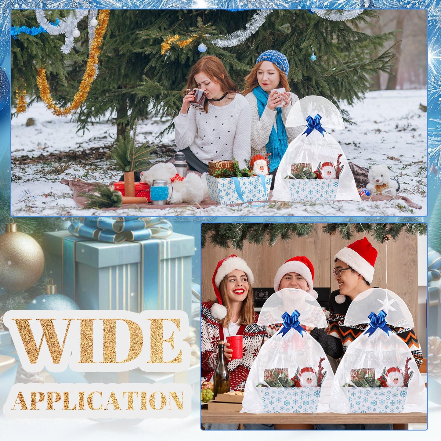 Moinchore 12 Pcs Snowflake Basket for Gifts Empty 9.8x6.5'' Winter White Blue Market Tray Cardboard Basket with Bows, Plastic Bags, Twist Ties, Empty to Fill for Holiday Birthday Xmas Winter Party