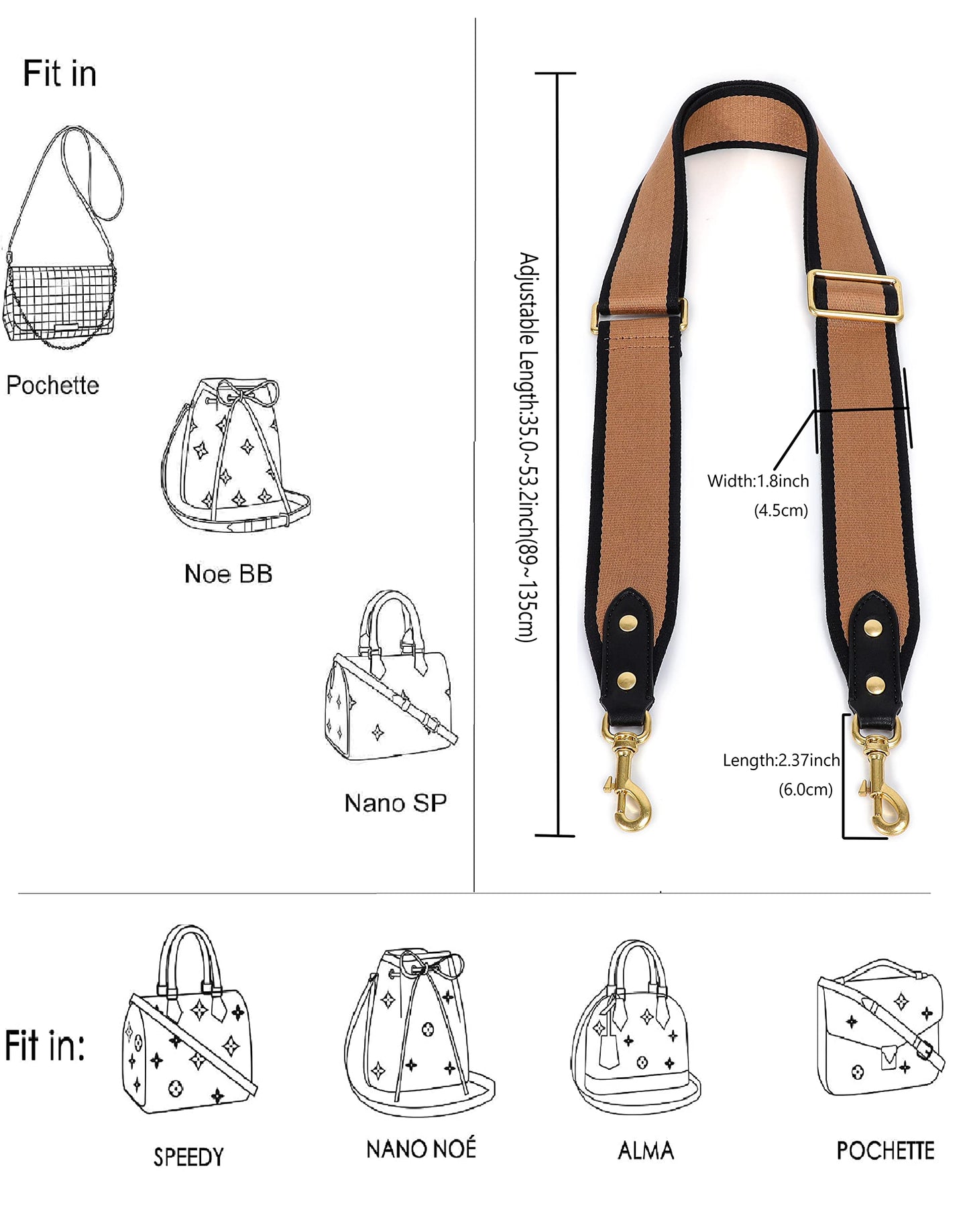 GOXTECH Purse Strap Replacement Crossbody Handbag Stripe Wide Adjustable (Brown -Bag Strap)