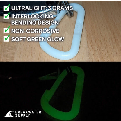 Breakwater Supply™ Hingeless Glow in the Dark Carabiner Hooks 4 Pack, Small 2-inch Gear Attachment Clips for Keys, Water Bottle, Backpack, MOLLE + Ultralight, D-Ring, D-Shape (White with Green Glow)