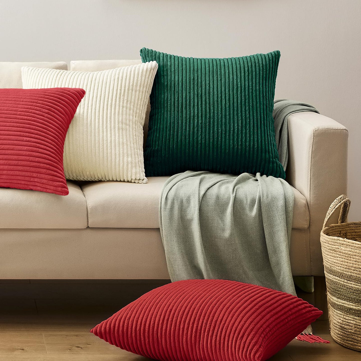 Softalker Christmas Decorative Pillow Covers 18x18, Set of 4 Soft Striped Corduroy Throw Pillow Cover for Holiday, Square Accent Pillow Cases Decor for Sofa Couch Cushion Living Room, Red Green