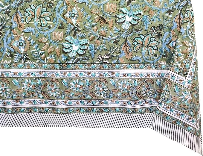 ATOSII Eden Green100% Cotton Boho Rectangle Handblock Print Floral Tablecloth I Dining Table Linen I Parties, Wedding, Outdoors, Thanksgiving I Spring Summer 60 X 90 Inches