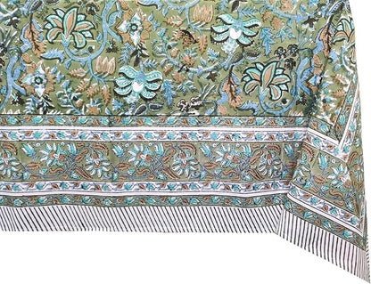 ATOSII Eden Green100% Cotton Boho Rectangle Handblock Print Floral Tablecloth I Dining Table Linen I Parties, Wedding, Outdoors, Thanksgiving I Spring Summer 60 X 90 Inches