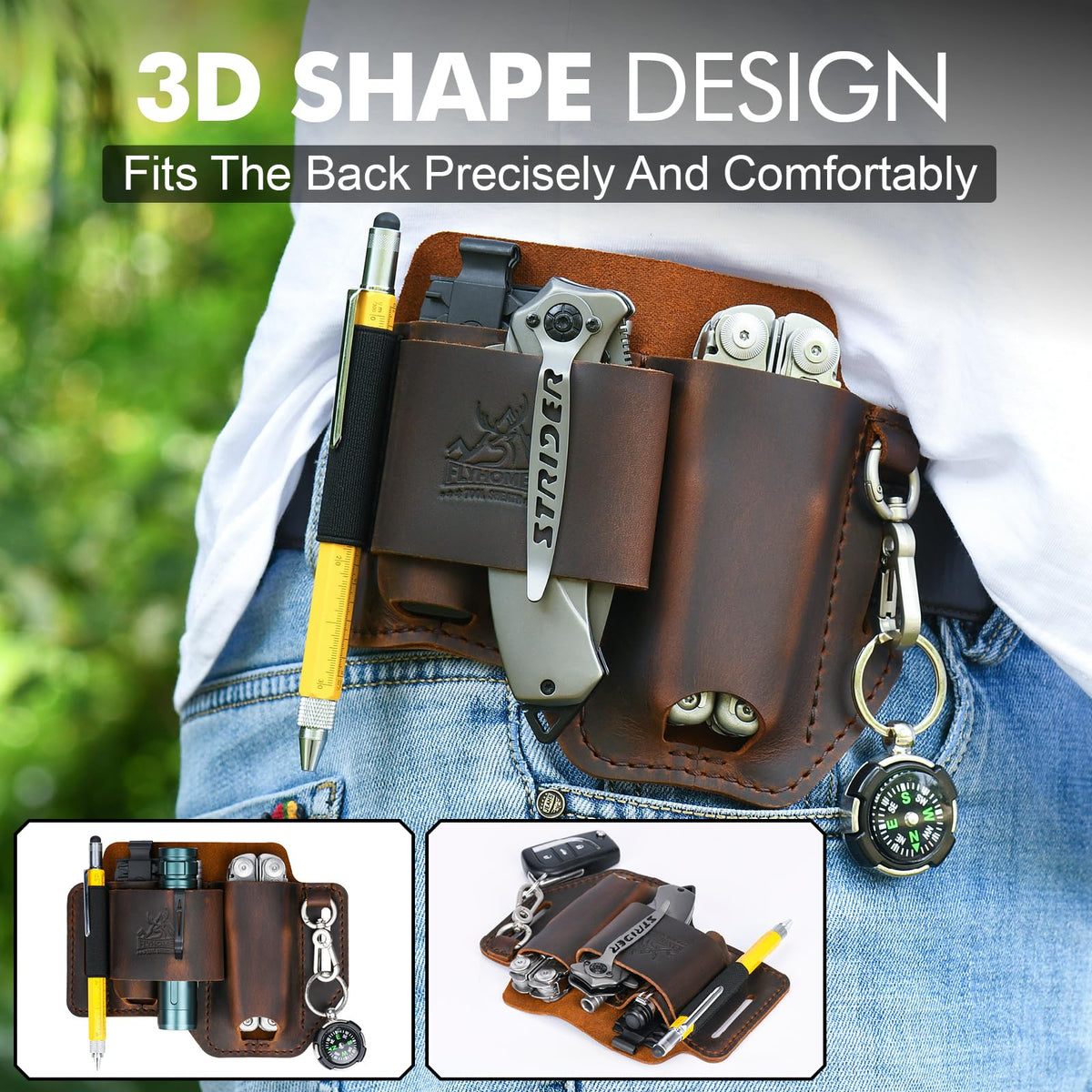 FLYHOMES Genuine Leather Multitool Sheath | Handmade Stitched Belt Organizer for Leatherman Surge | Holds Bit Kit & Extender | Flashlight Holster, Pen & EDC Tools Pouch | Dark Brown