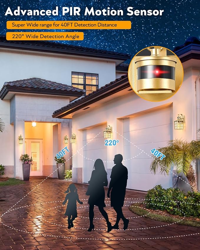VIANIS Gold Outdoor Wall Lights, 2 Pack Motion Sensor Exterior Lights for House Wall Mount Sconce Lamp, Dusk to Dawn Porch Light Fixture, Golden Outside Garage Light Lantern with Tempered Ripple Glass