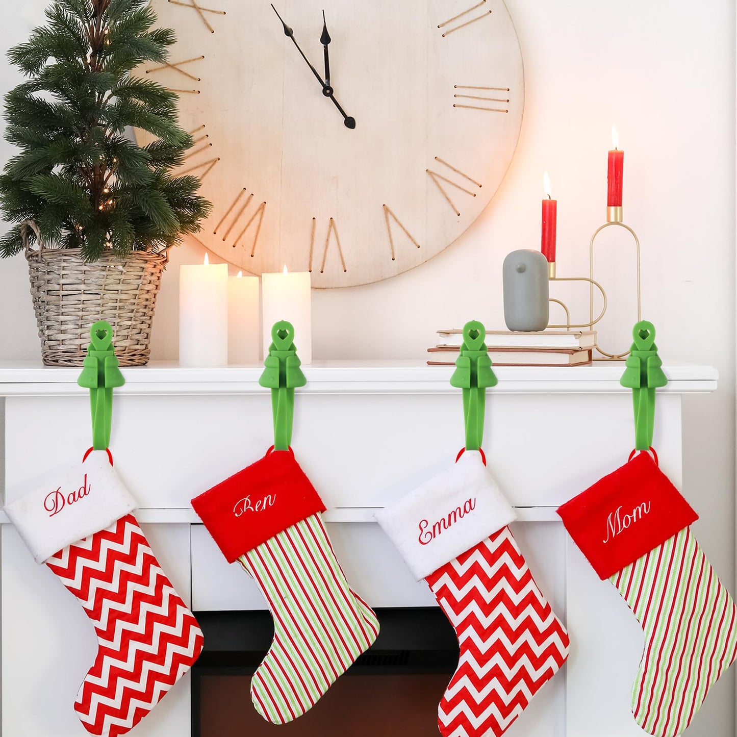 XunYee 12 Pcs Christmas Garland Hangers for Mantle,Fireplace Garland Hanger, Christmas Tree Shaped Ties Stocking Holder, Reusable Silicone Adhesive Straps for Stairways Banister Staircase
