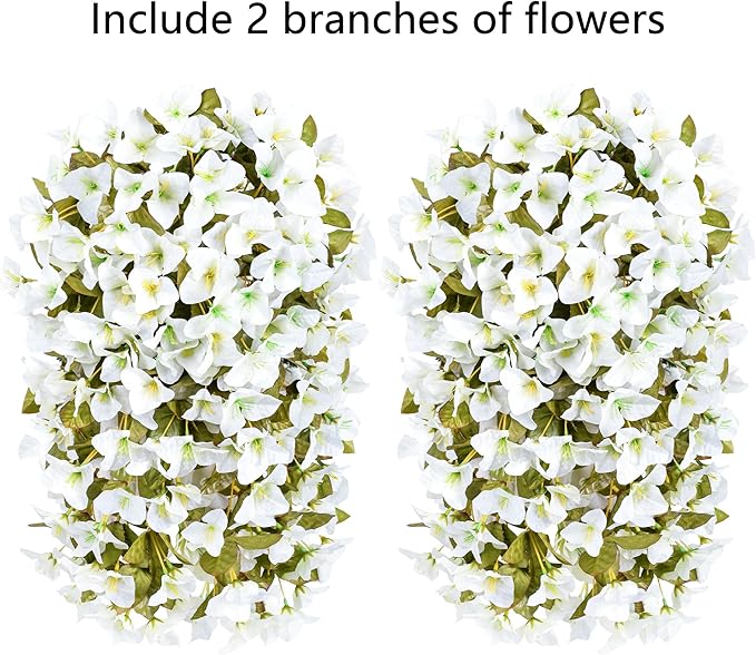 HyeFlora Bougainvillea Artificial Hanging Flowers Plants for Outdoors Winter Decoration, 2pcs Faux Bougainvillea Vines White Fake Flowers Realistic UV Resistant Silk Flowers for Outside Planter Yard