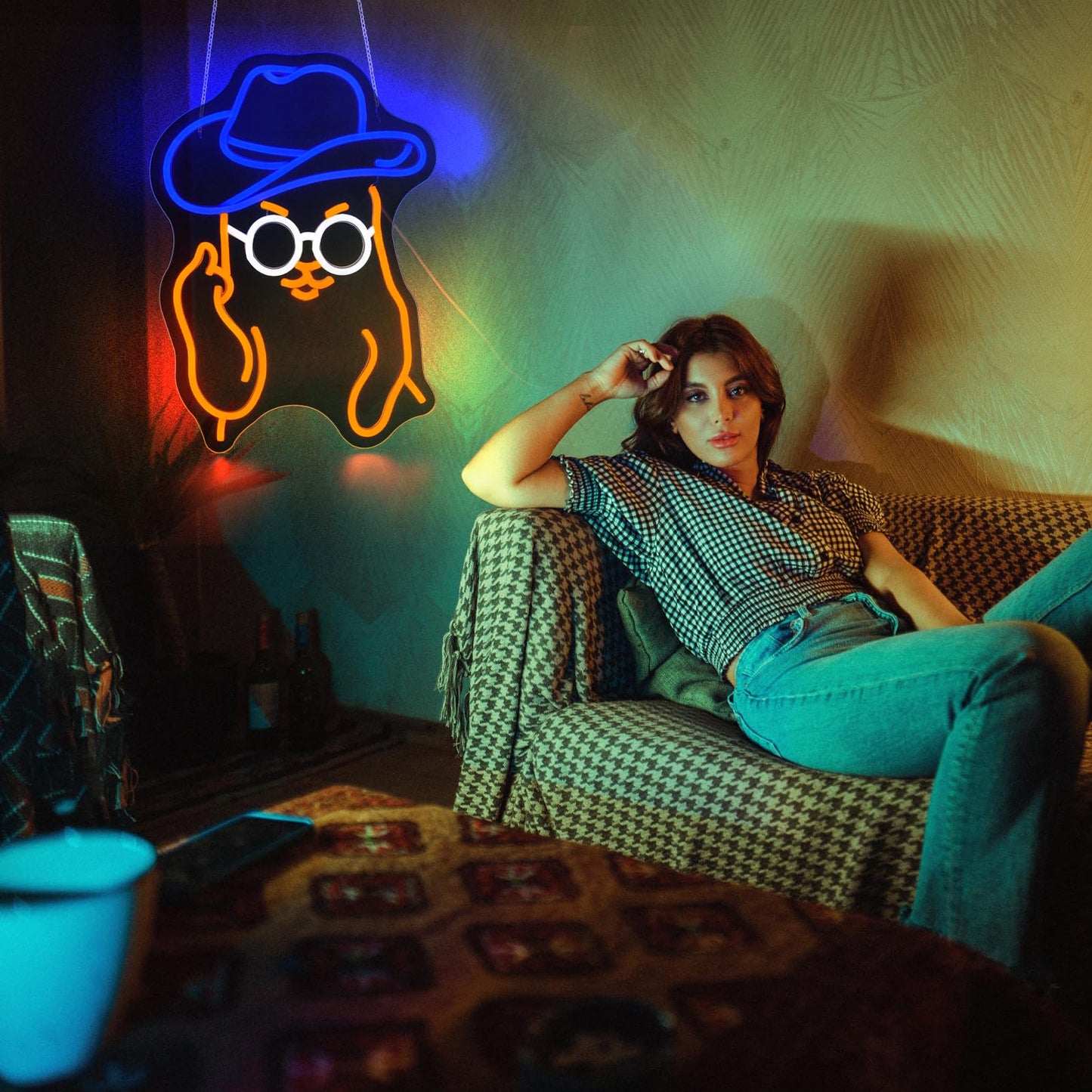 Qetibwk Cat Cowboy Neon Sign for Wall Decor Led Neon Signs Light Up Sign Room Decor Neon Lights Sign USB Powered