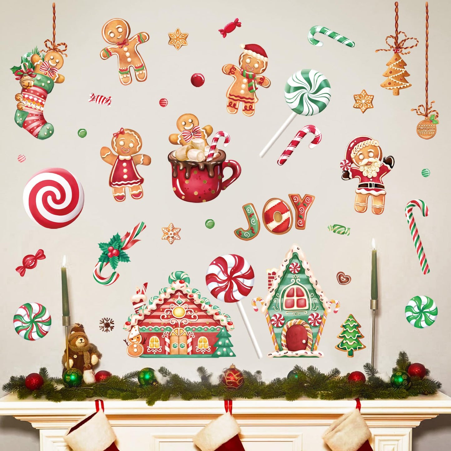 Wondever Gingerbread Man Wall Stickers - Peppermint Candy Cookie & Christmas Window Wall Art Decals for Party & Kitchen