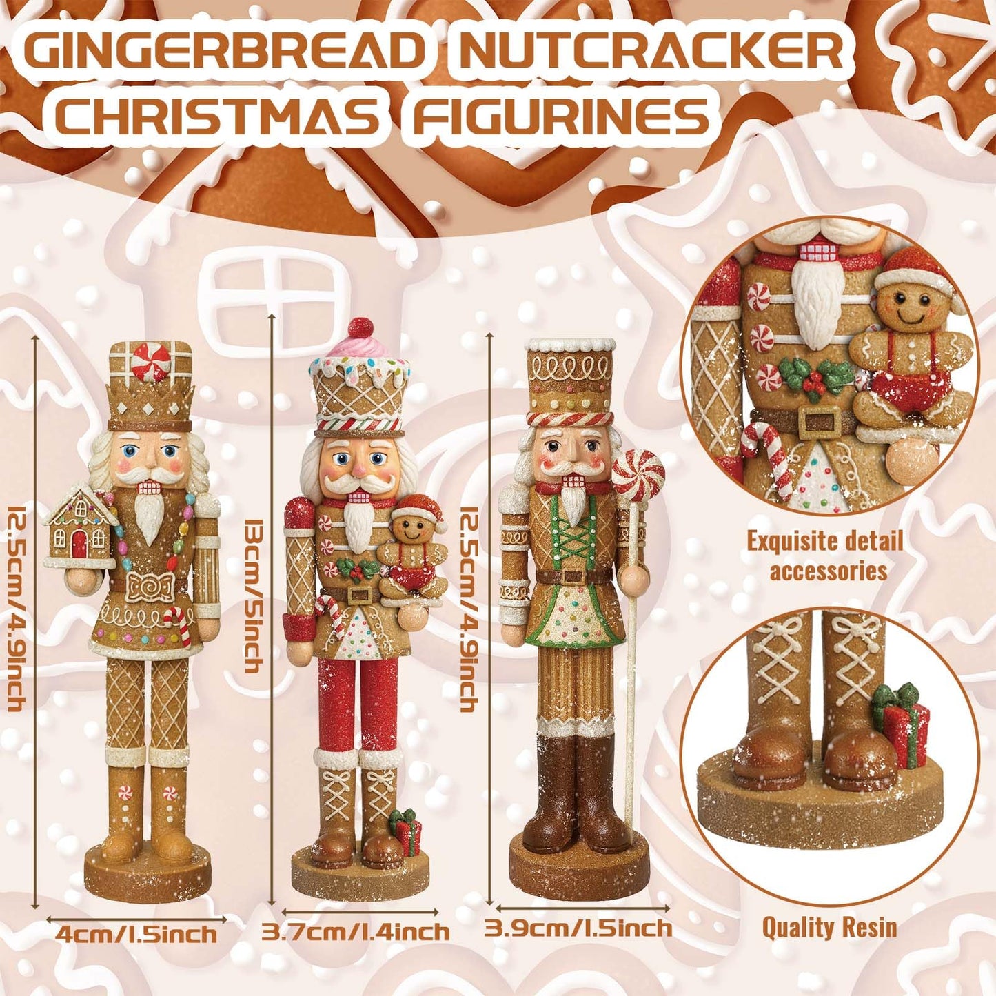 Simgoing 3 Pcs Gingerbread Nutcracker Figures Christmas Resin Nutcracker Figurines Holding Christmas Cookies, Gingerbread Men and Candy, Soldier Xmas Centerpieces Decor for Winter Table Party Favors
