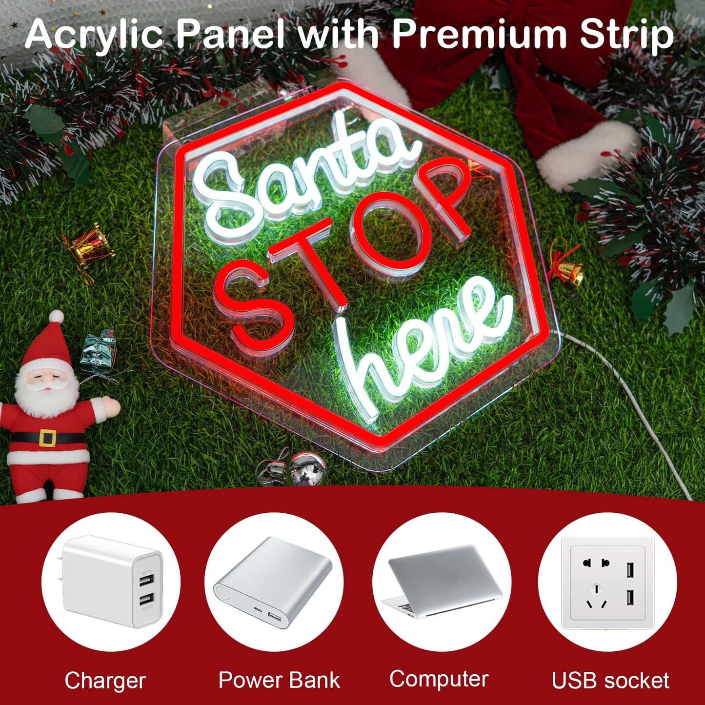 Santa Stop Here Neon Sign for Window Decor USB Powered Xmas Neon Wall Sign Festive Display Holiday Party Santa Stop Led Light for Back Drop Home Display